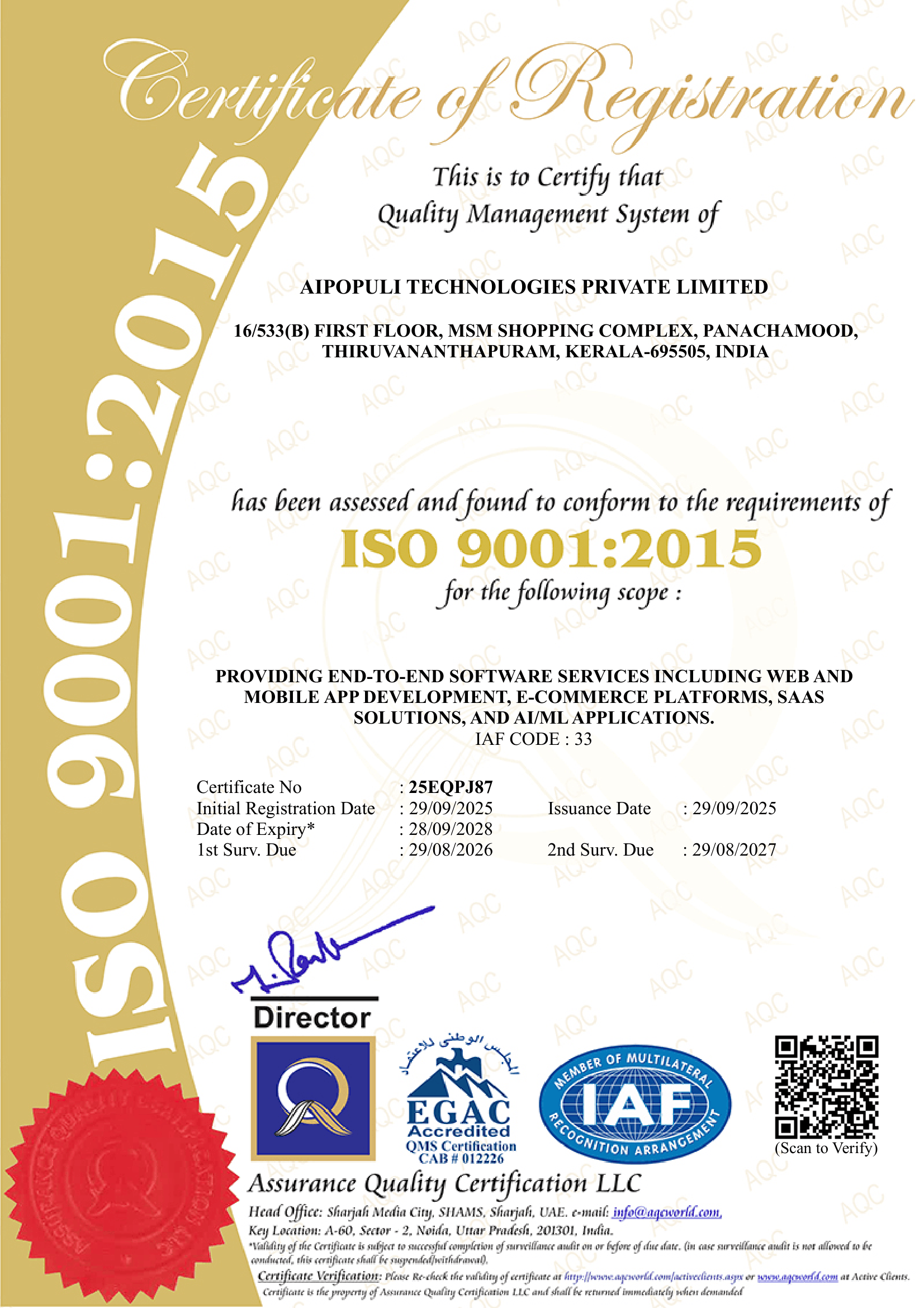 ISO 9001:2015 — Quality Management certificate of registration